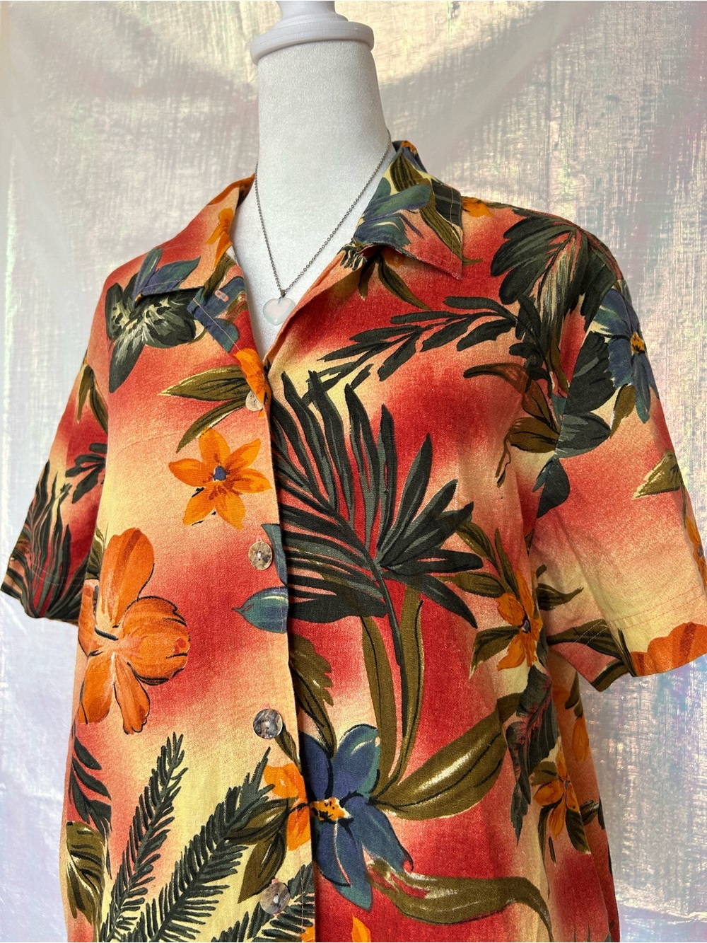 Tropical Floral Short-Sleeve Shirt - Orange Multi. Size M. Linen/Cotton Blend.